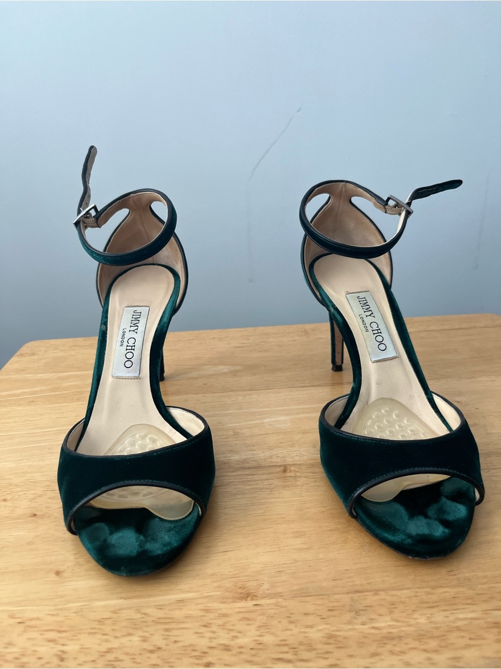 Jimmy Choo Emerald Green Velvet Open-Toe Ankle-Strap Stilettos